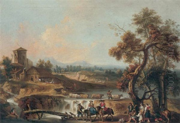 A River Landscape With Elegant Travellers And Other Figures By A Wooden Bridge, A Herdsman Crossing The River With His Cattle By A Waterfall by Giovanni Battista Cimaroli