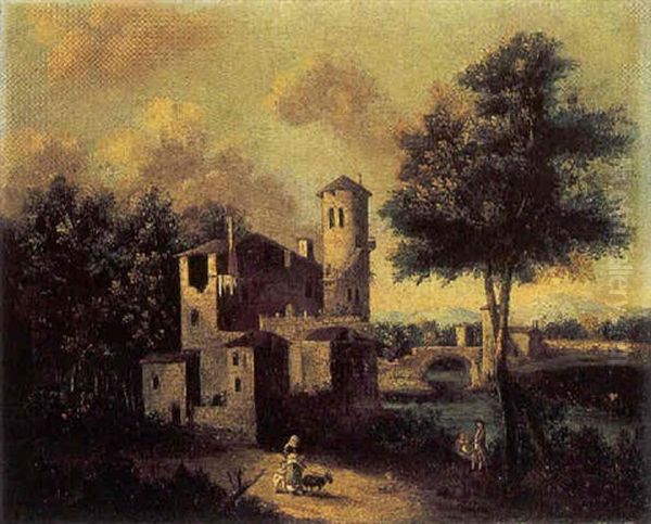 Paesaggio Fluviale Con Castello E Figure Oil Painting by Giovanni Battista Cimaroli