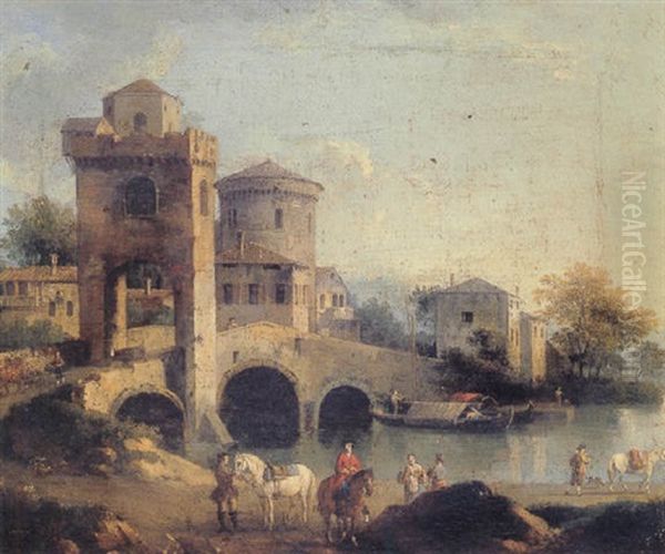 Italianate River Landscape With Figures Oil Painting by Giovanni Battista Cimaroli