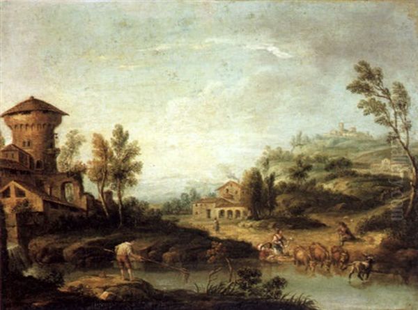 Hugelige Fluslandschaft Mit Hirten Und Einem Dorf Oil Painting by Giovanni Battista Cimaroli