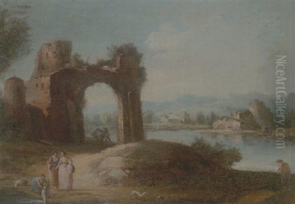 A River Landscape With Washerwomen, A Ruined Arch Beyond Oil Painting by Giovanni Battista Cimaroli