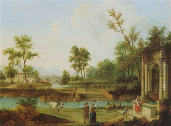 Paesaggio Fluviale Con Fontana E Figure Oil Painting by Giovanni Battista Cimaroli