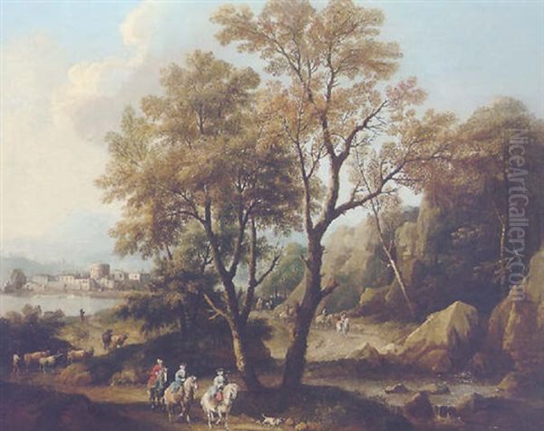 A River Landscape With Elegant Figures Riding On Horseback And A Herdsman Driving His Cattle On A Track Beyond Oil Painting by Giovanni Battista Cimaroli