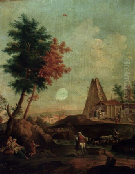 An Italianate Landscape With Shepherds Crossing A Stream, Washerwomen At A Fountain Beyond Oil Painting by Giovanni Battista Cimaroli