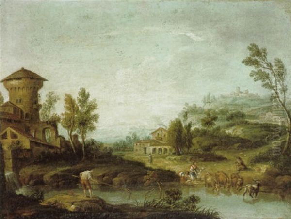 Hugelige Fluslandschaft Mit Hirten Und Einem Dorf Oil Painting by Giovanni Battista Cimaroli