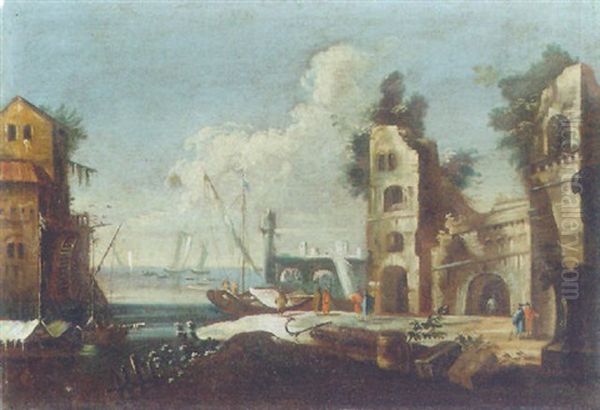 Figures By Ruins In The Venetian Lagoon Oil Painting by Giovanni Battista Cimaroli