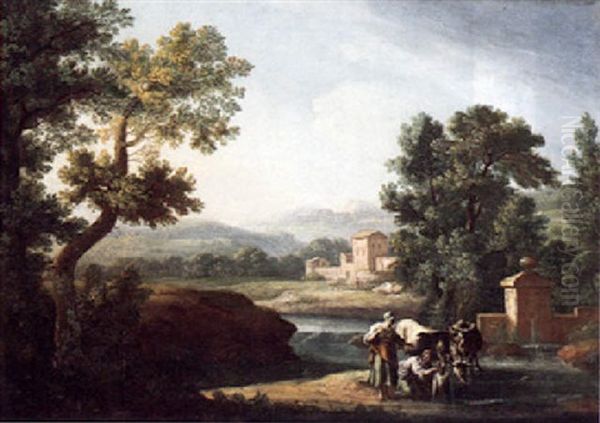 Italianate River Landscape With Herdswomen And Cattle Oil Painting by Giovanni Battista Cimaroli