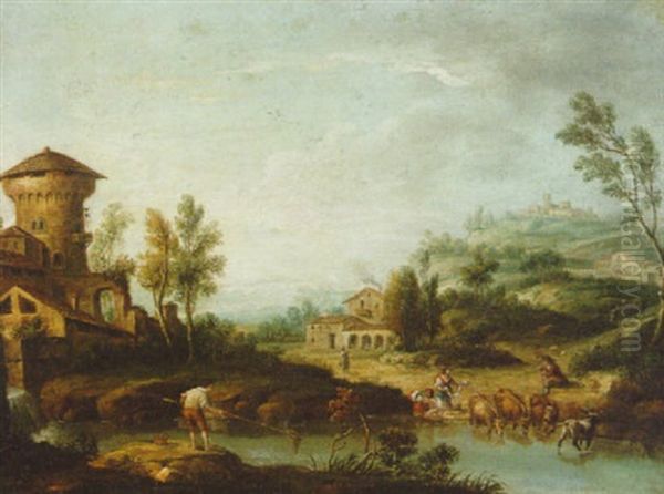 A Wooded River Landscape With Peasants And Animals Oil Painting by Giovanni Battista Cimaroli