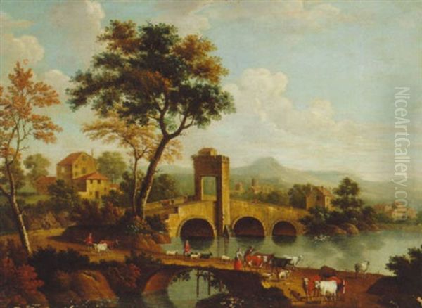 An Italianate Landscape With Herdsmen Crossing A River, A Bridge Beyond Oil Painting by Giovanni Battista Cimaroli