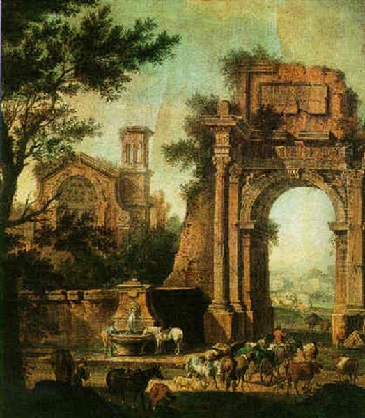 A Capriccio Of Ruins With Travellers Passing Through The Arch Of Vespasian Oil Painting by Giovanni Battista Cimaroli