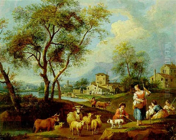 Paesaggio Fluviale Con Pastori E Armenti Oil Painting by Giovanni Battista Cimaroli