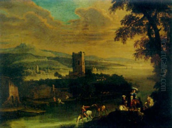 An Extensive River Landscape With An Elegant Couple On Horseback, A Village Beyond Oil Painting by Giovanni Battista Cimaroli