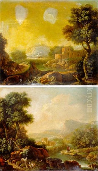 A Landscape With A Ruined Castle Beside A River Oil Painting by Giovanni Battista Cimaroli