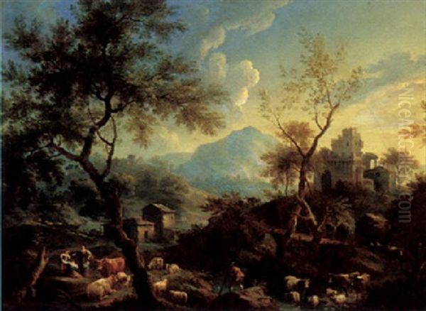 Italianate Landscape With Herders By A River And Ruins Oil Painting by Giovanni Battista Cimaroli