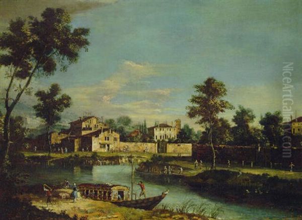 River Landscapes With Villas In The Veneto Oil Painting by Giovanni Battista Cimaroli