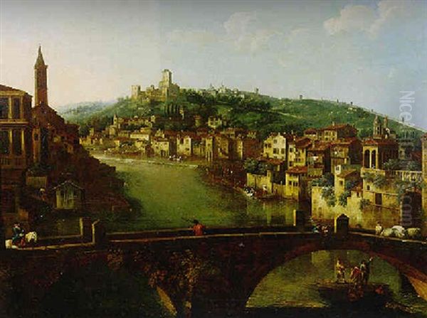 View Of Verona And The River Adige From The Ponte Nuovo Oil Painting by Giovanni Battista Cimaroli