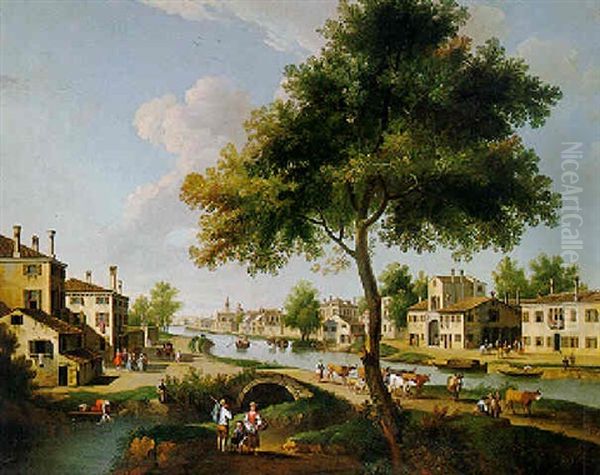 View Along A Canal In The Veneto Oil Painting by Giovanni Battista Cimaroli