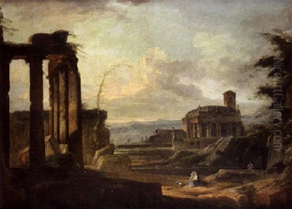 Paysage De La Campagne Romaine Avec Des Ruines Antiques Animees De Personnages Oil Painting by Giovanni Battista Cimaroli