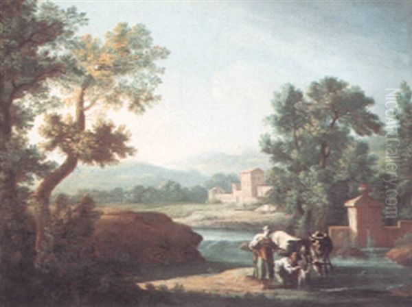 Italianate River Landcape With Herdswomen And Cattle Oil Painting by Giovanni Battista Cimaroli