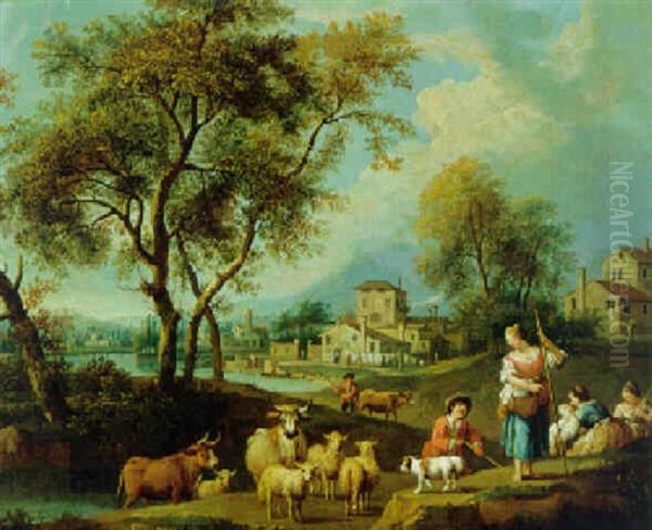 Sudliche Fluslandschaft Mit Hirten Oil Painting by Giovanni Battista Cimaroli