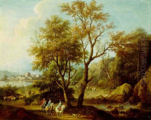 A Wooded Landscape With Elegant Travellers On A Road Near Wooded Cliffs, A Village By A Lake Beyond by Giovanni Battista Cimaroli