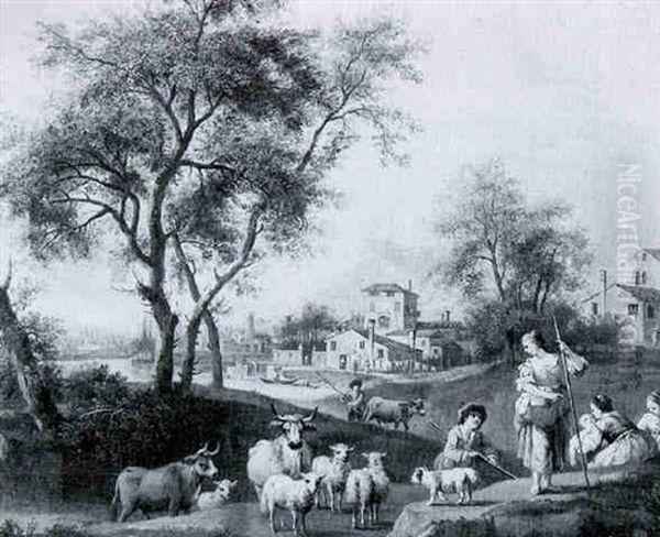 An Extensive River Landscape With Shepherdesses And Cow-herds Teanding Their Animals Oil Painting by Giovanni Battista Cimaroli