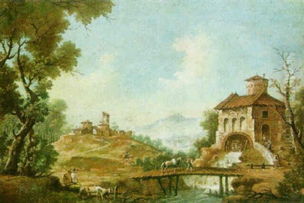 Mountainous River Landscape With A Rider Walking His Horse Across A Wooden Bridge Oil Painting by Giovanni Battista Cimaroli