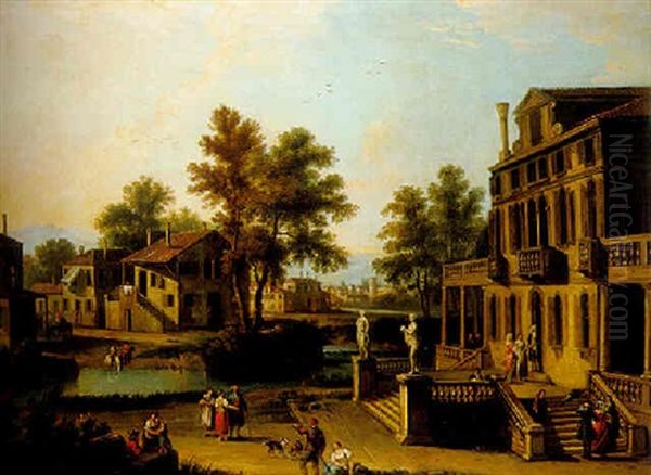 A Town On A River In The Veneto With Elegant Company On The Terrace Of A Villa Oil Painting by Giovanni Battista Cimaroli