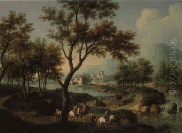 Landscape With Mounted Soldiers Departing From Their Fortress Oil Painting by Giovanni Battista Cimaroli