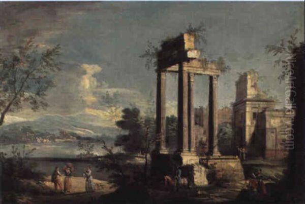 Classical Ruins By A Lake With A Gentleman On Horseback And Peasants Oil Painting by Giovanni Battista Cimaroli