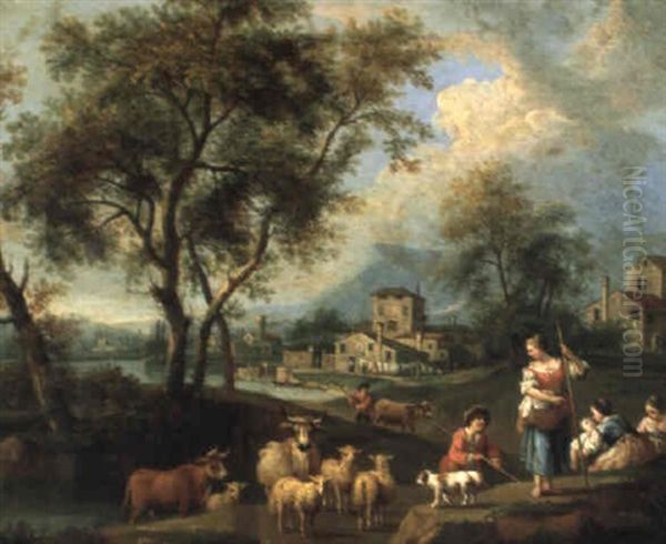 Flusslandschaft Mit Hirten Und Ihrer Herde Oil Painting by Giovanni Battista Cimaroli