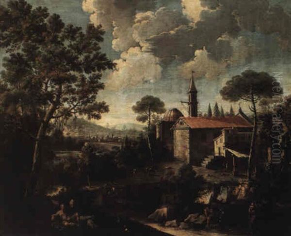 Landscape With Shepherd By A Stream And A Church In The Background Oil Painting by Giovanni Battista Cimaroli