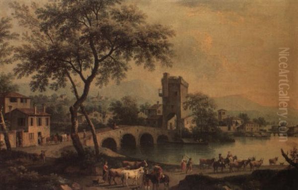 Lakeside Town In The Veneto With Figures And Cattle On A Track by Giovanni Battista Cimaroli