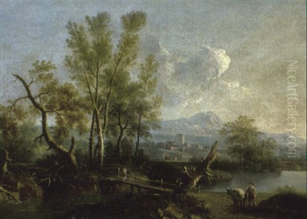 River Landscape With A Traveller On A Path Near A Bridge Oil Painting by Giovanni Battista Cimaroli