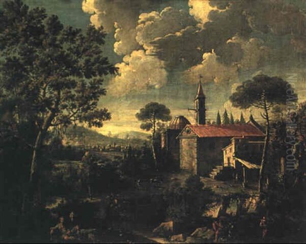 Landskap Med Byggnader Och Figurer Oil Painting by Giovanni Battista Cimaroli