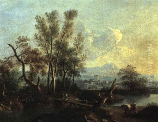 River Landscape With A Man And His Mule Oil Painting by Giovanni Battista Cimaroli