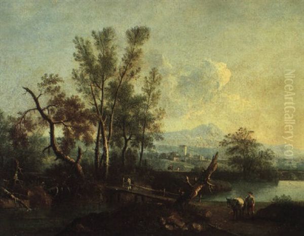 Baumreiche Fluslandschaft Mit Figurenstaffage Oil Painting by Giovanni Battista Cimaroli