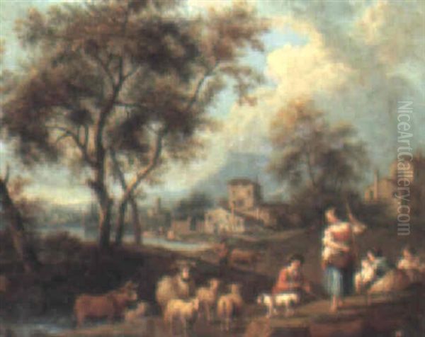 Landscape With Shepherds And Their Flock Oil Painting by Giovanni Battista Cimaroli