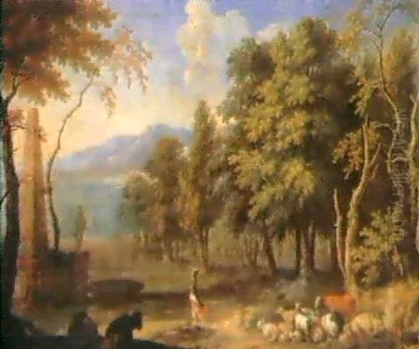 A Herdsman Tending His Livestock At The Edge Of A Wood... by Giovanni Battista Cimaroli