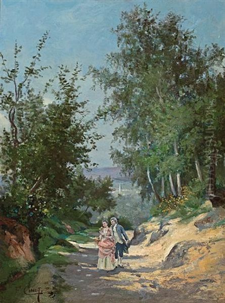 Lovers Walking Along A Shaded Lane Oil Painting by Franck Jean Baptiste Louis Cinot