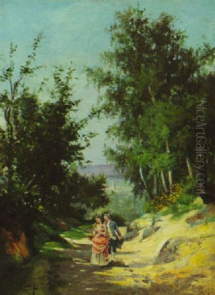 Lovers Walking Along A Shaded Lane Oil Painting by Franck Jean Baptiste Louis Cinot