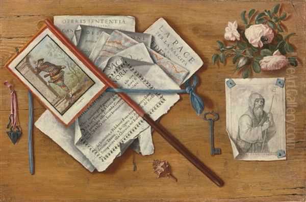 Trompe L'oeil Still Life With Letters And Other Objects On A Board Oil Painting by Antonio Cioci