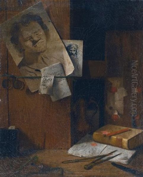 A Corner Of The Artist's Studio: A Trompe L'oeil Still Life With Sheets Of Drawings, Keys, A Pince-nez, Books And Writing Instruments Oil Painting by Antonio Cioci