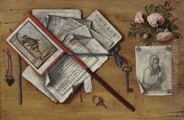 A Trompe L'oeil Still Life With Letters And Other Objects On A Board Oil Painting by Antonio Cioci