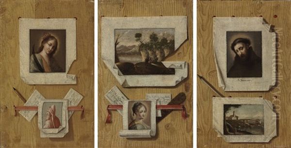 A Trompe L'oeil Still Life With A Painting Of Saint Francis Of Assisi Pinned To A Wall (+ 2 Others; Set Of 3) Oil Painting by Antonio Cioci