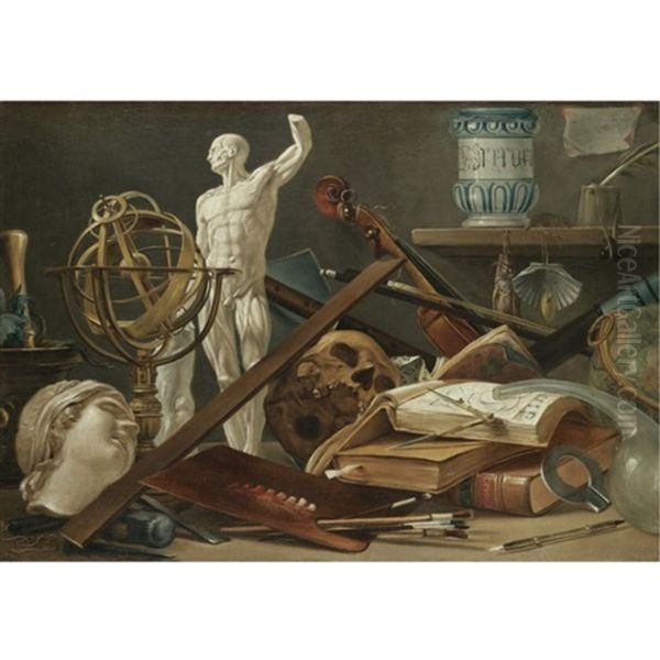 A Vanitas Still Life With An Adder In A Pestle And Mortar, A Sculpted Head, An Astrolobe, An Anatomical Sculpture, A Musical Pipe, A Skull, A Violin, A Globe, Musical Scores, Manuscripts, A Paint Pale Oil Painting by Antonio Cioci