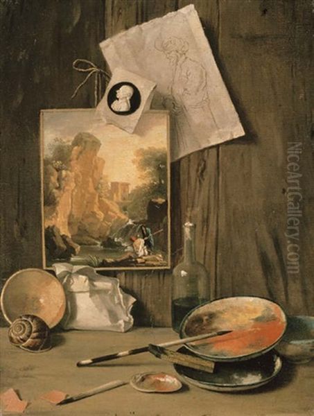 A Trompe L'oeil Still Life Of The Artist's Studio Oil Painting by Antonio Cioci