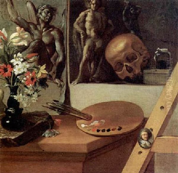 Vanitas Con Vaso Di Fiori, Tavolezza, Ritrattino In Ovale E Altro Oil Painting by Antonio Cioci