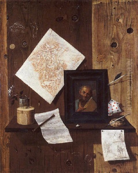 Nature Morte De Trompe-l'oeil Aux Dessins, Tableaux Et Cartes A Jouer Sur Un Panneau Oil Painting by Antonio Cioci