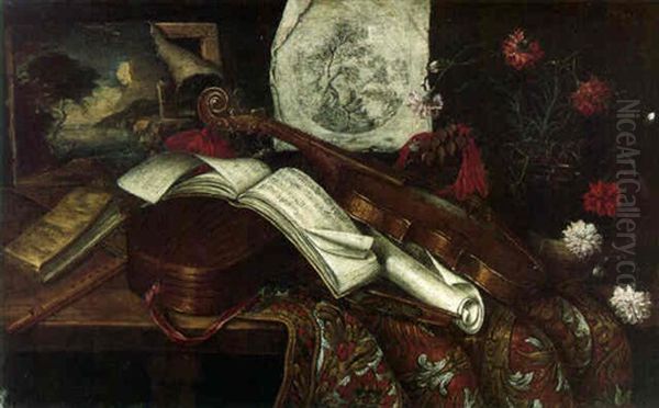 A Viola, A Lute, A Recorder, Music Sheets And Other Objects On A Table Oil Painting by Antonio Cioci